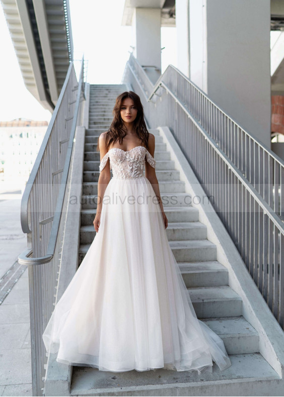 Off Shoulder Beaded White Tulle Stunning Wedding Dress